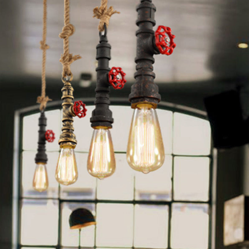 Rustic Country Hanging Lamp With Single-Bulb Iron Pendant Light Fixture - Water Valve And Rope Deco