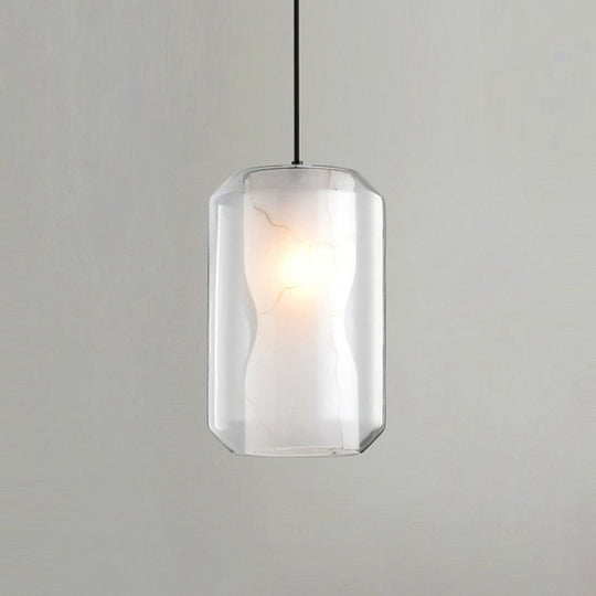 Clear Glass Cylinder Pendant Light With White Marble Shade - 1-Light Dining Room Ceiling Lighting