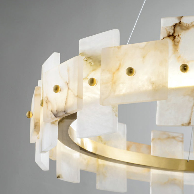 Minimalist Marble Circle Hanging Lamp - White & Brass Led Pendant Light For Dining Room