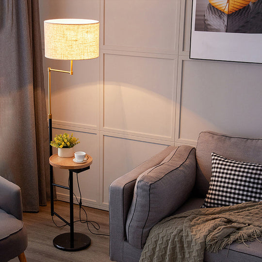 Modern Round Floor Lamp With Fabric Shade And Wood Tray For Living Room