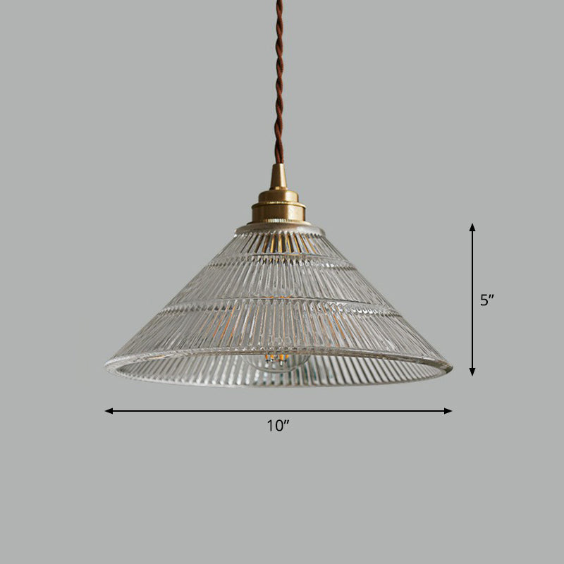 Single Clear Ribbed Glass Conical Ceiling Pendant Light For Industrial Décor