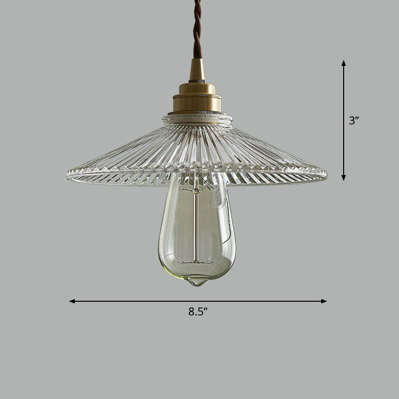 Vintage Glass Hanging Lamp: Cone-Shaped Clear Ribbed Pendant For Dining Room Lighting & Single-Bulb