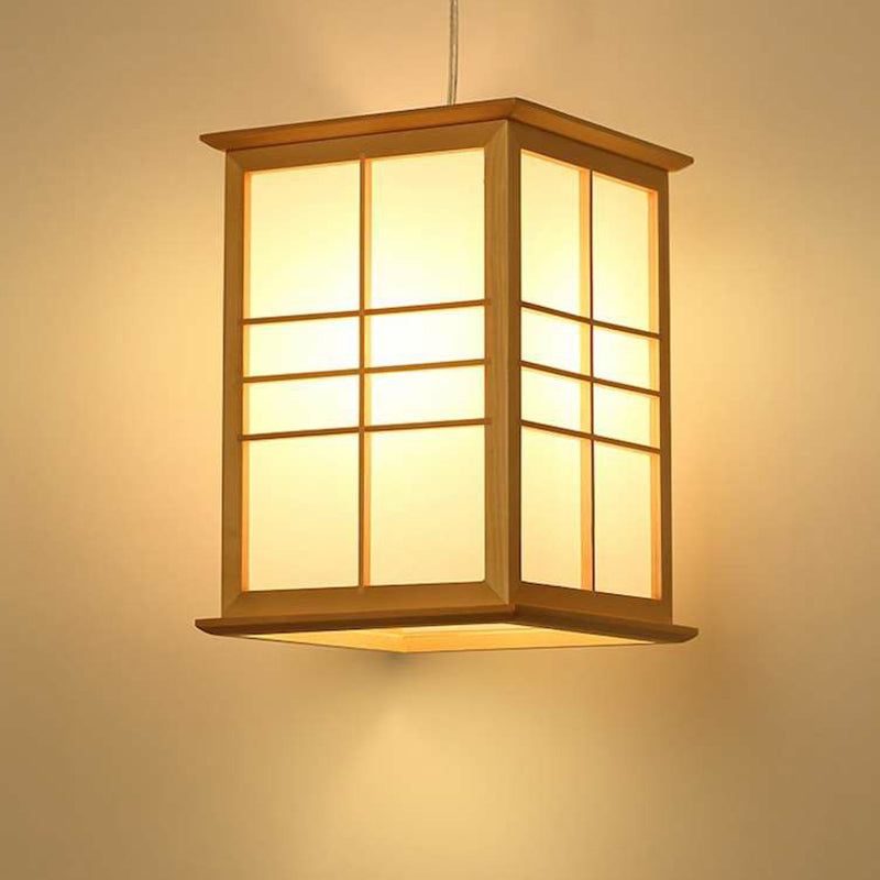 Japanese Style Wooden Pendant Light With 1-Light: Rectangle Sushi House Lamp In Beige