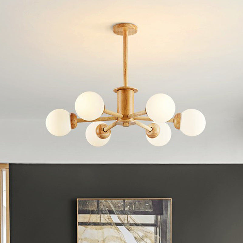 Nordic White Glass Ball Wood Sputnik Chandelier – Stylish Ceiling Pendant Light For Living Room