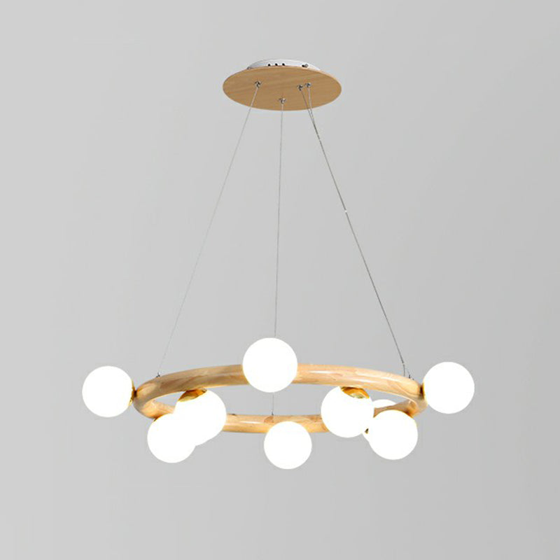 Minimalist Beige Wooden Pendant Chandelier With White Glass Orb Shade 10 / Wood