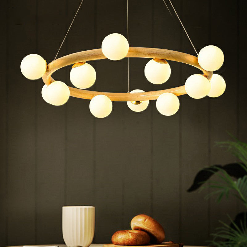 Minimalist Beige Wooden Pendant Chandelier With White Glass Orb Shade