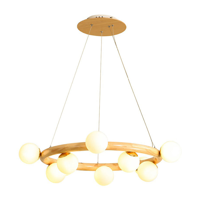 Minimalist Beige Wooden Pendant Chandelier With White Glass Orb Shade