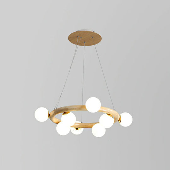 Minimalistic Circular Wood Pendant Chandelier With Beige Hanging Light And White Glass Orb Shade 8 /