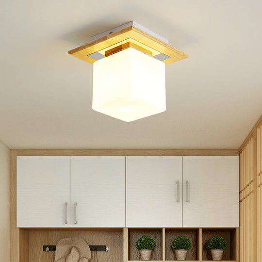 Wooden Nordic Semi Flush Ceiling Light With White Glass - Small Size