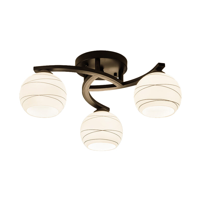 Traditional Ceiling Mount Light: Black Semi Flush With White Glass - Ideal For Corridor (3/5/8