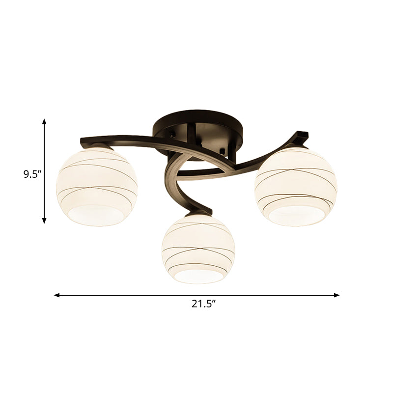 Traditional Ceiling Mount Light: Black Semi Flush With White Glass - Ideal For Corridor (3/5/8