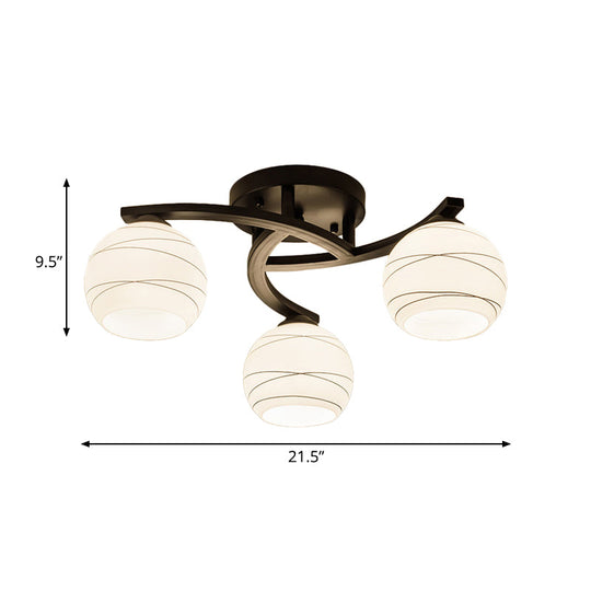 Traditional Ceiling Mount Light: Black Semi Flush With White Glass - Ideal For Corridor (3/5/8