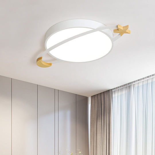 Led Flushmount Light: Ringed Planet Children’s Ceiling Fixture With Wooden Moon And Star Accents