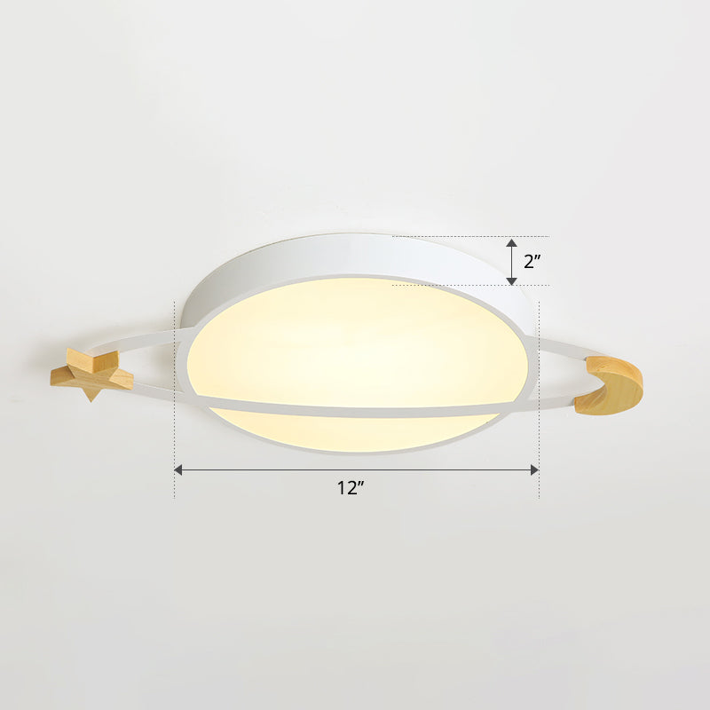 Led Flushmount Light: Ringed Planet Childrens Ceiling Fixture With Wooden Moon And Star Accents