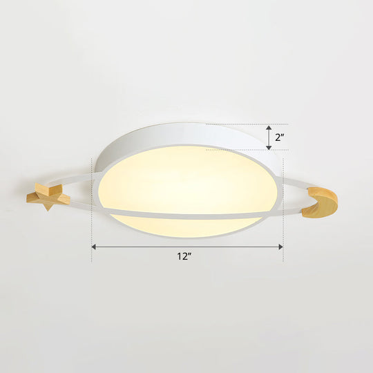 Led Flushmount Light: Ringed Planet Childrens Ceiling Fixture With Wooden Moon And Star Accents