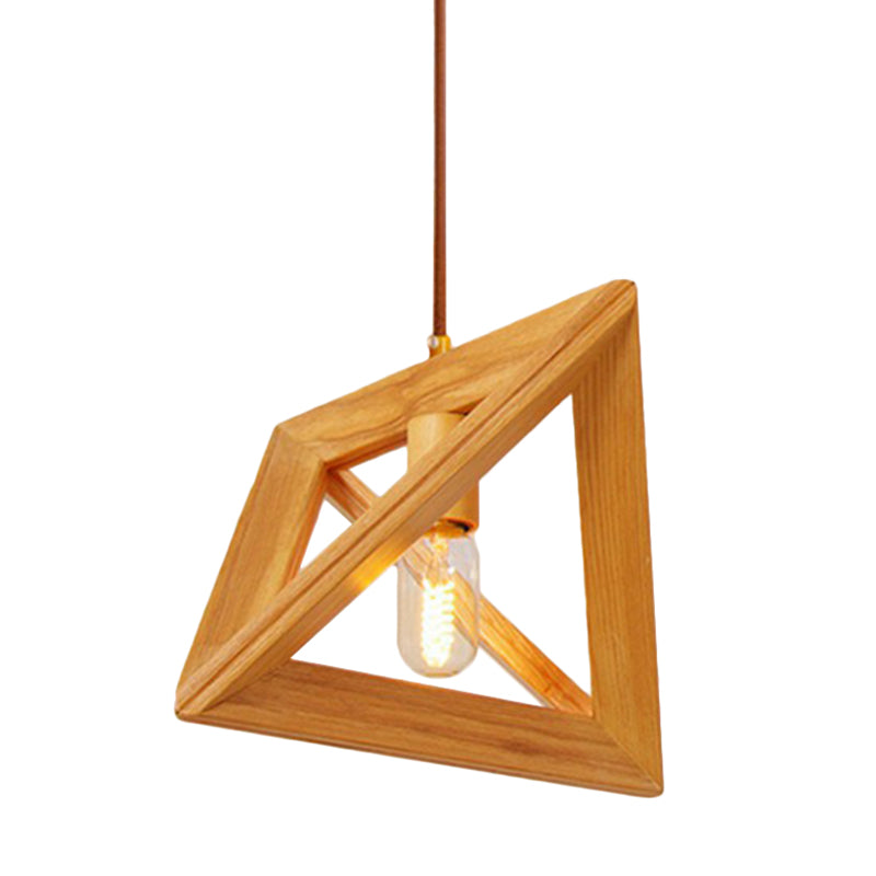 Modern Beige Pendant Lamp With Wooden Frame - 1-Head Dining Room Ceiling Hang Light