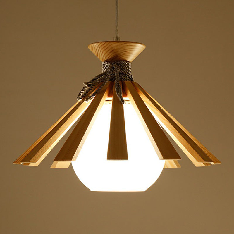 Modern Conical Wood Pendant Light Kit - 1-Light Down Lighting With White Dome Glass Shade