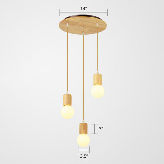 Minimalist Wooden Pendant Light Fixture With 3 Beige Lamp Heads