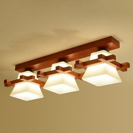 Frosted Glass Semi - Mounted Flush Ceiling Light With Nordic Coffee Finish And Wooden Frame -