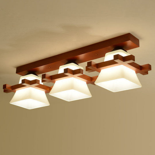 Frosted Glass Semi - Mounted Flush Ceiling Light With Nordic Coffee Finish And Wooden Frame -