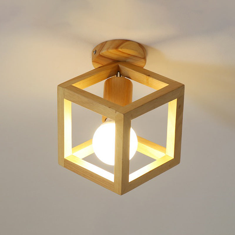 Modern Geometric Wooden Flush - Mount Ceiling Light Fixture - Small Size Wood / Square