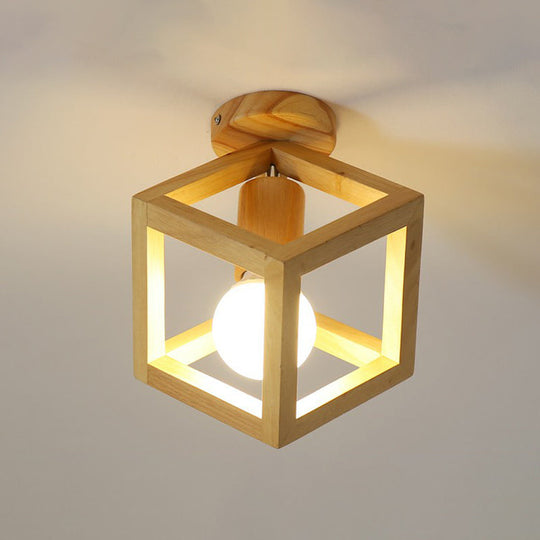 Modern Geometric Wooden Flush - Mount Ceiling Light Fixture - Small Size Wood / Square