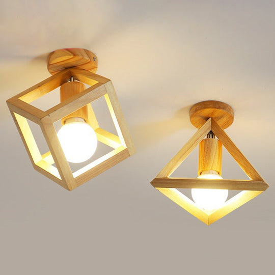 Modern Geometric Wooden Flush - Mount Ceiling Light Fixture - Small Size