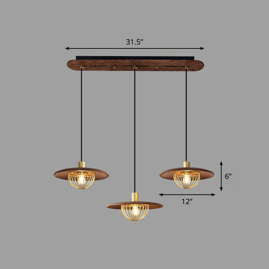 Contemporary Disc Pendant Light With Wooden Finish And Cage Bottom - 1-Light Ceiling Lighting 3 /