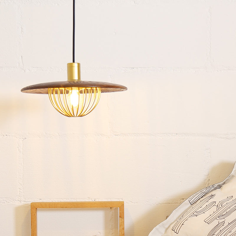 Contemporary Wooden Pendant Light With Cage Bottom - 1-Light Hanging Ceiling Fixture