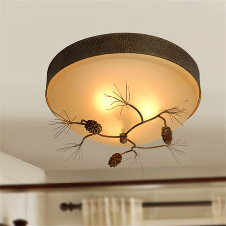 Rustic 3-Light Ceiling Mount With Frosted Glass Bowl For Corridor - Pinecone Accent Included