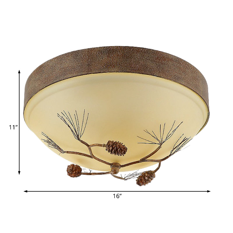 Rustic 3 - Light Ceiling Mount With Frosted Glass Bowl For Corridor - Pinecone Accent Included
