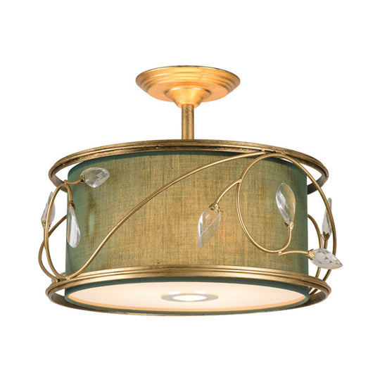 Country Style 3 - Bulb Semi Flush Mount Ceiling Light In Green Fabric - 16’/19.5’ Width