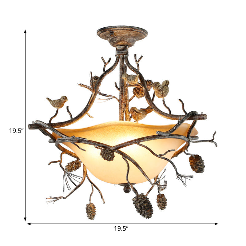 Country Bronze 3 - Light Bowl Semi Flush Mount With Frosted Glass - Ideal For Bedroom Lighting