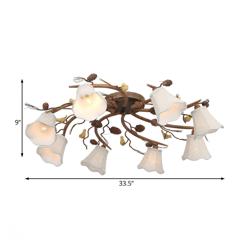 Country Scalloped White Glass Ceiling Light Fixture: 8 - Light Semi - Flush Mount In Rust For