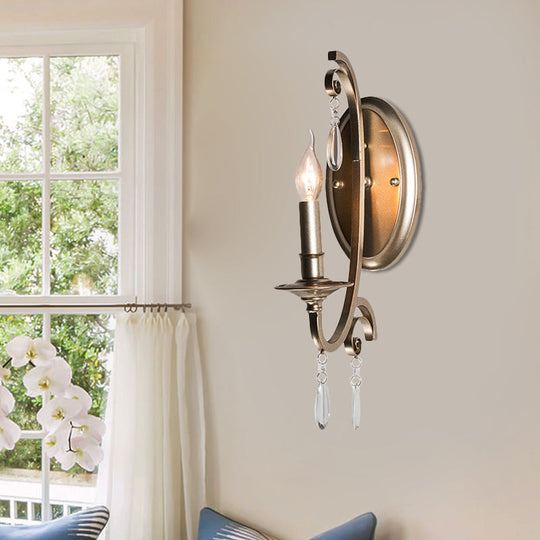 Country Curved Arm Metal Wall Sconce Light Fixture With Crystal Decoration In Champagne Finish