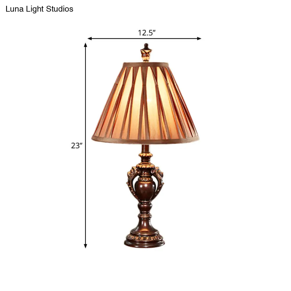 23/27 Vintage Fabric Table Lamp - Antique Brown Tone Conical Shape Living Room Nightstand Decor