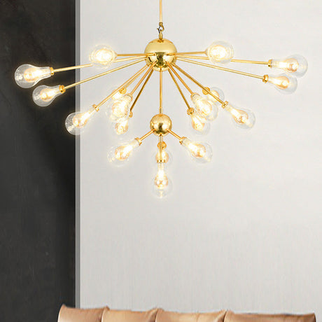 Sputnik Metal Chandelier Pendant - Modern Gold Led Hanging Light Fixture With Clear Glass Bulb