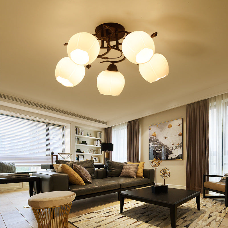 Traditional White Glass Semi Flush Ceiling Light For Living Room - 1 Globe Fixture