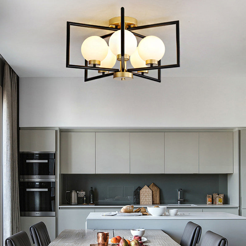 Traditional White Glass Flush Mount Ceiling Fixture With 5 Lights For Living Room