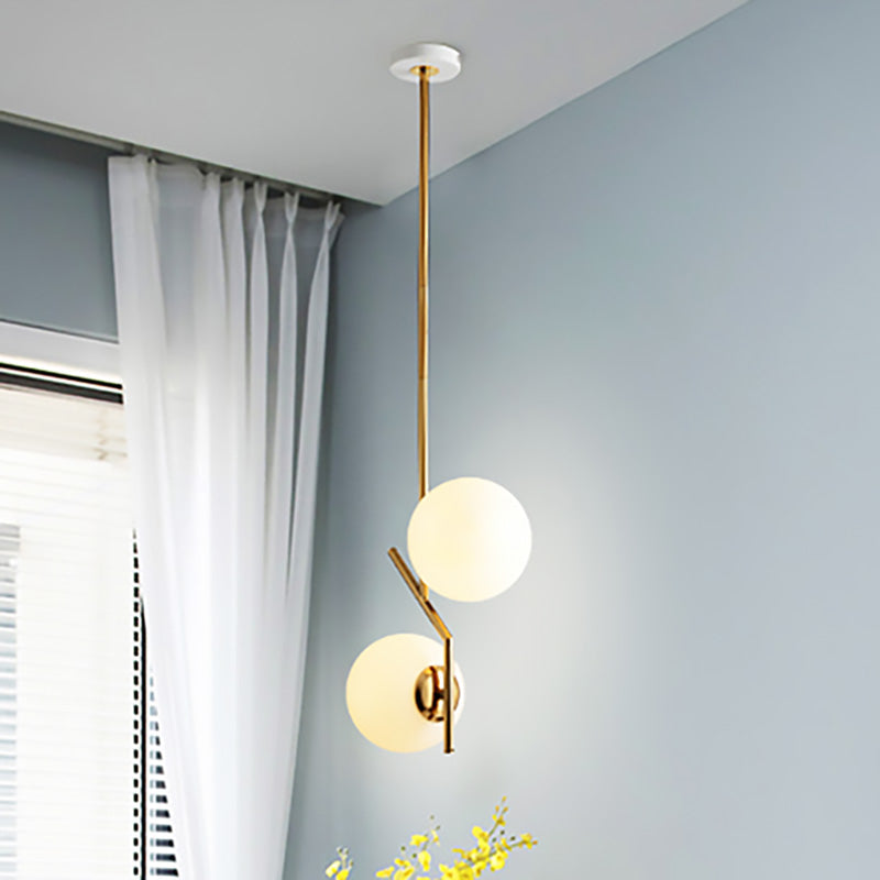 Contemporary Gold Angle Linear Chandelier Lighting 2 Lights White Glass Sphere Shade Metal Hanging Lamp Fixture Gold