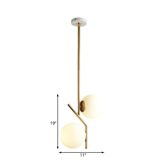 Contemporary Gold Angle Linear Chandelier Lighting 2 Lights White Glass Sphere Shade Metal Hanging Lamp Fixture Gold