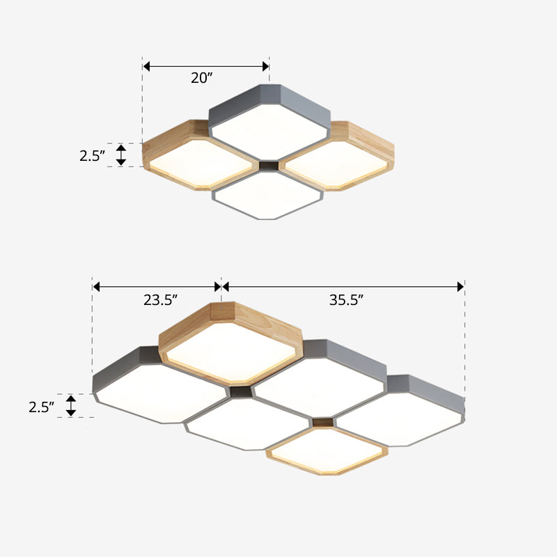 Led Checkered Ceiling Light: Nordic Grey Metal And Wood Fixture For Living Room