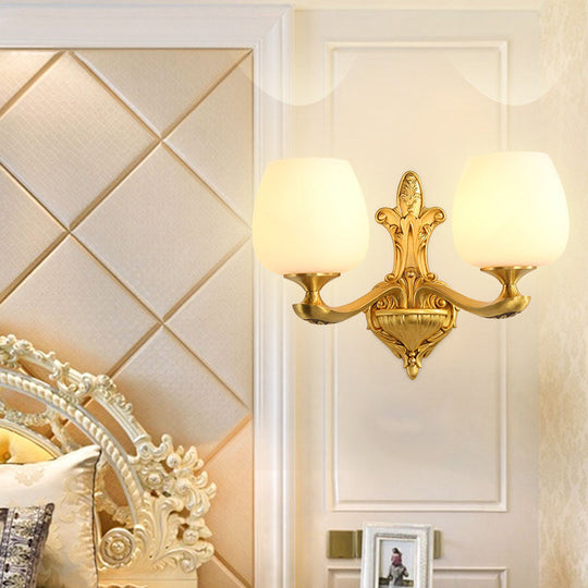 Ivory Glass Conical Wall Mounted Lamp Vintage Bedroom Lighting Fixture With Gold Accents 2 /