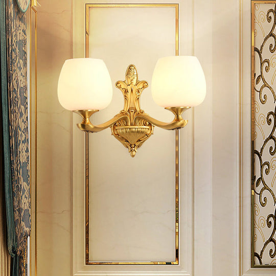 Ivory Glass Conical Wall Mounted Lamp Vintage Bedroom Lighting Fixture With Gold Accents