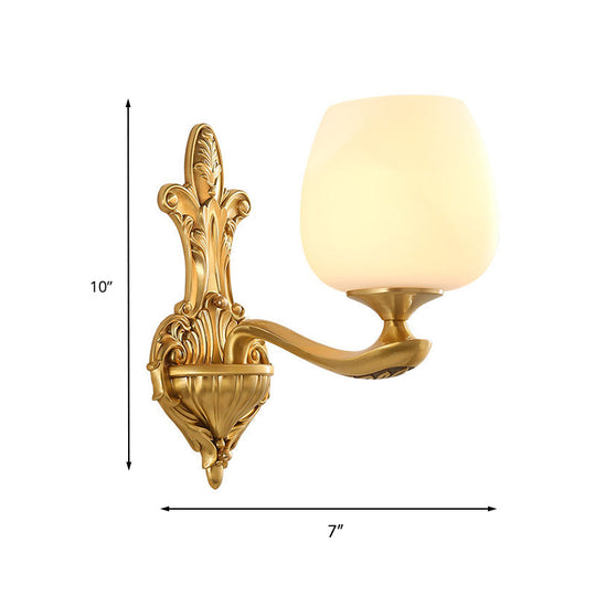 Ivory Glass Conical Wall Mounted Lamp Vintage Bedroom Lighting Fixture With Gold Accents