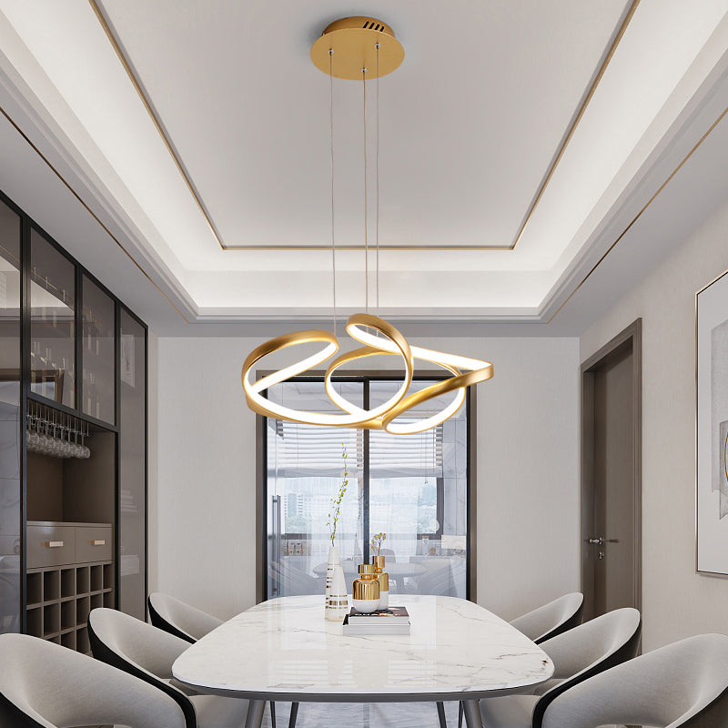 Gold Metal Twisty Led Chandelier - Simple Style Hanging Lamp For Restaurants