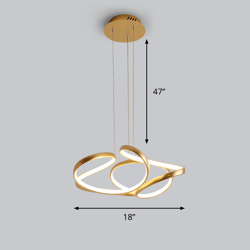 Gold Metal Twisty Led Chandelier - Simple Style Hanging Lamp For Restaurants / 18’ White