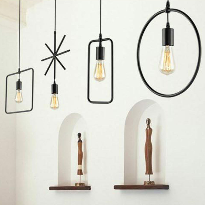 Vintage Geometric Pendant Light - Single Metal Suspension Lighting In Black For Living Room
