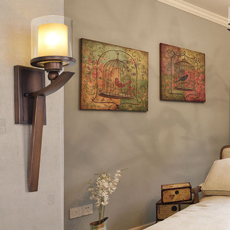 Vintage Double-Layer Glass Wall Cylinder 1-Bulb Light Fixture For Bedroom - Brown