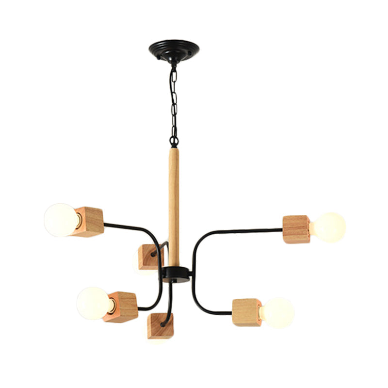 Modernist Curved Arm Pendant Chandelier: White/Black Multi-Light Wood Hanging Lamp With Chain